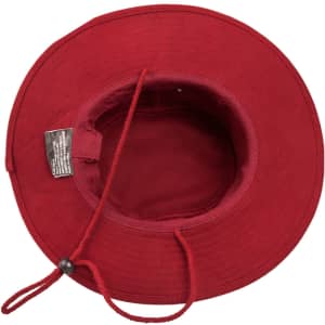 A red bucket hat with a wide brim and an internal chin strap. It has a label inside and features a logo.