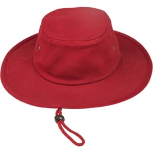 A red surf hat featuring a wide brim and a drawstring for a secure fit, with a small logo detail.