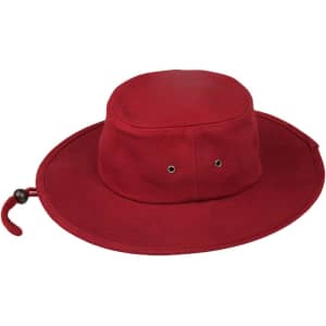 A red bucket hat with a wide brim, featuring ventilation eyelets and an adjustable chin strap.