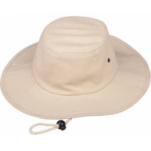 A beige bucket hat with a wide brim and a chin strap, featuring a logo on the side.