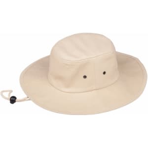 A beige bucket hat with eyelet vents and a pull cord for an adjustable fit. It features a logo on the side.