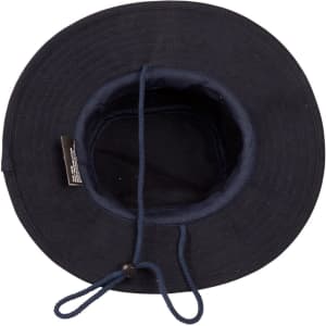 A navy blue brim and bucket hat with a drawstring, featuring an inner lining and a logo.