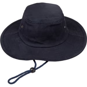 A navy blue brimmed bucket hat with a drawstring and an internal lining. Features a logo on the side.