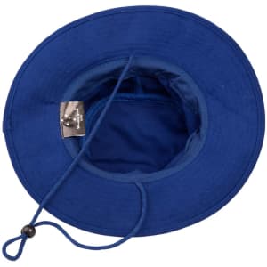 A blue brimmed surf hat with a drawstring and interior lining visible. It features a small logo.