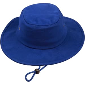 A blue bucket hat featuring a wide brim and a pull cord for adjustable fit, complete with a logo.