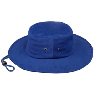 A blue brimmed hat with eyelets and an adjustable drawstring. Features a round crown and wide brim.