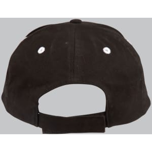 A black structured cap featuring contrast stitching and a back adjustment strap. It has ventilation holes.