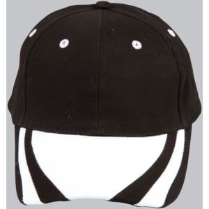 A black cap with a white peak and contrasting design, featuring ventilation holes and a logo.