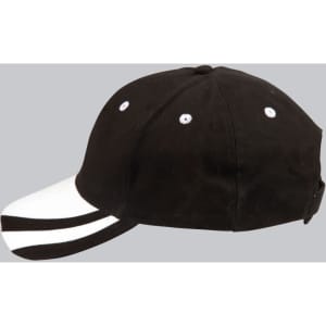 A black and white structured cap featuring a black body, white peak, and a logo on the side.