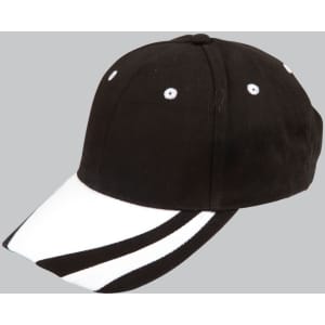 A black and white structured cap with a contrasting peak and white stripes, featuring a logo.