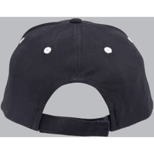 A black structured cap featuring a curved brim and an adjustable back strap. It includes ventilation eyelets.