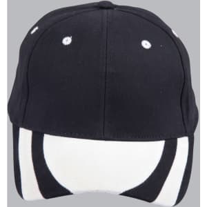 A black cap featuring a white and black patterned peak, with a logo on the front.