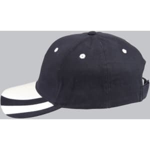 A black structured cap with a contrasting white peak and decorative stripes on the brim, featuring a logo.