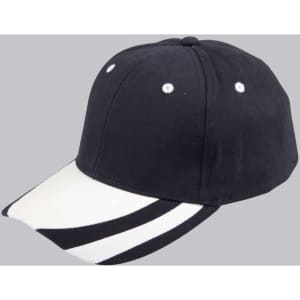 A black structured cap with a white and black striped peak and a logo.