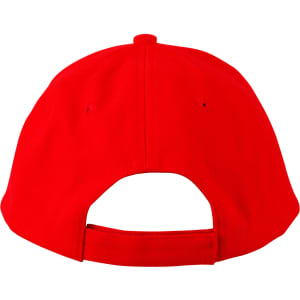 A red cap with a curved brim and adjustable strap at the back. It features a logo.