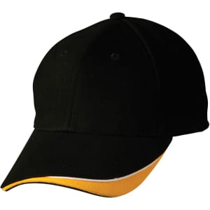 A black cap featuring a yellow peak and an understated logo on the front.