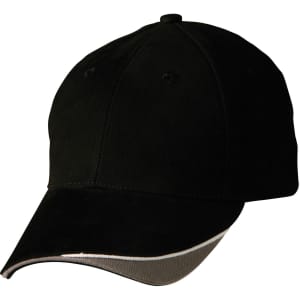 A black cap with a grey peak and a logo on the front. It features ventilation holes on the top.