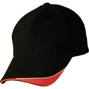 A black cap with an orange accent along the brim, featuring a stitched design and a logo.