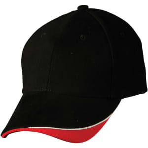 A black cap with a red accent on the visor, featuring a logo on the front.