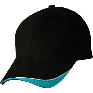 A black cap with a turquoise peak and piping, featuring a logo on the front.