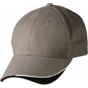 A khaki cap with a curved peak, featuring a simple design and an interior black lining. It has a logo on the front.
