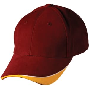A maroon cap with a yellow curved peak, featuring stitching details and ventilation holes. It has a logo on the front.