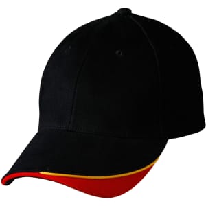 A black cap with a red and yellow accent along the brim and a logo on the front.