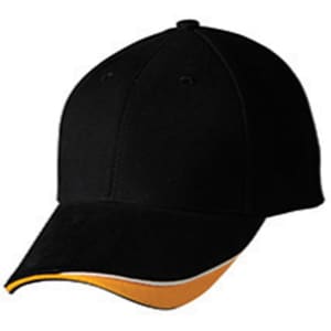 A black cap with a yellow accent on the brim and a logo on the front.