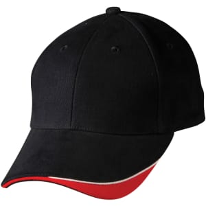 A black cap with a red underbrim and a logo on the front. Features a classic baseball-style design.