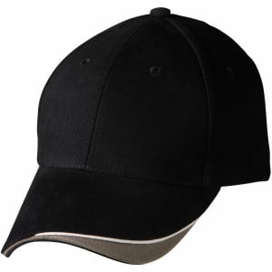 A black cap with a curved brim, featuring a logo and contrasting trim along the edge.