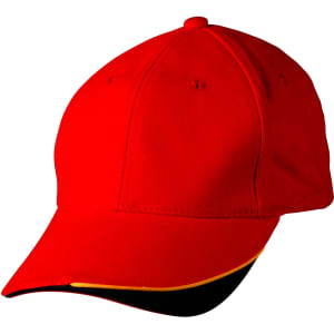 A red cap with a curved brim and a black underside, featuring a logo on the front.