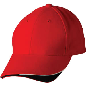 A red cap with a black and white accent on the peak, featuring a logo.