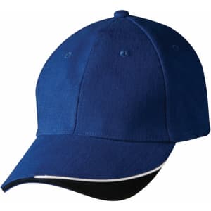 A blue cap with a black peak and a white accent, featuring a logo on the front.