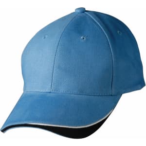 A blue cap with a curved brim and a black underside, featuring a logo.
