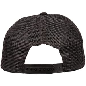 A black trucker cap with a mesh design at the back and an adjustable strap. Features a logo on the side.
