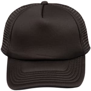 A black trucker cap with a structured front and mesh sides, featuring a logo on the front.