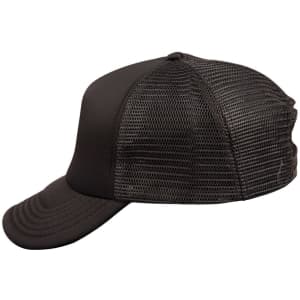 A black trucker cap with a solid front and mesh back, featuring a curved visor and an adjustable fit.