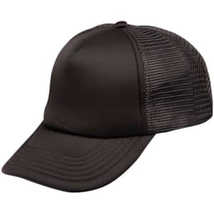 A black trucker cap featuring a solid front panel and a mesh back, complete with a logo.