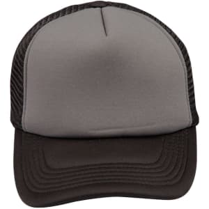 A grey and black trucker cap featuring a curved peak and mesh sides, with a logo on the front.