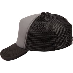 A black and grey trucker cap with a mesh back and a curved brim. Features a logo on the side.