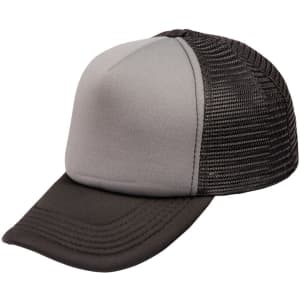 A grey and black trucker cap with a solid front panel and a mesh back, featuring a logo on the front.