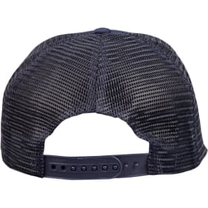 A navy blue trucker cap featuring a mesh back and an adjustable strap. The cap has a logo.