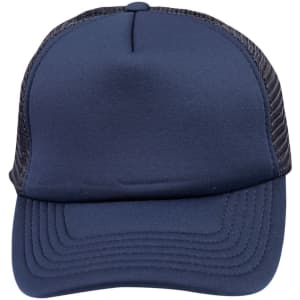 A navy trucker cap featuring a solid front panel and mesh back. Includes a logo on the front.