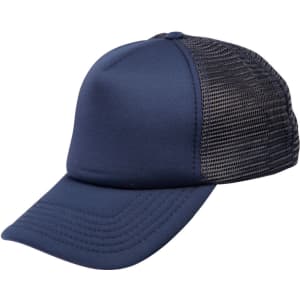 A navy blue trucker cap with a solid front and mesh back panel, featuring a curved brim and a branding logo.