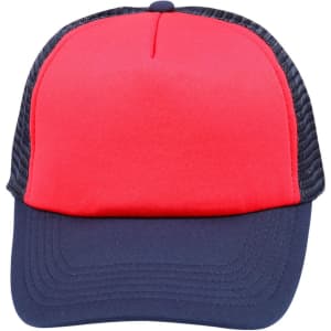 A red and navy trucker cap with a mesh back and a curved brim. It features a branding logo on the front.