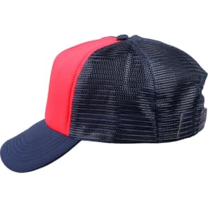 A trucker cap featuring a red front panel and navy mesh back, with a curved brim and branded tag.