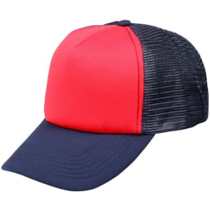 A red and navy trucker cap featuring a structured front and mesh backing, with a curved brim and a logo.