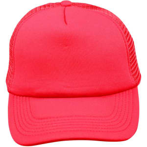 A red trucker cap with a solid front panel and mesh side panels. It features a structured brim and has a logo.
