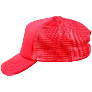 A red trucker cap with a mesh back and a curved brim, featuring a logo on the front.