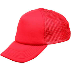 A red trucker cap featuring a solid front and mesh back, designed for headwear.